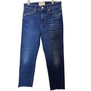 CQY Jeans Womens 27 Medium Wash High Rise Slim Straight Raw Hem Cropped USA‎